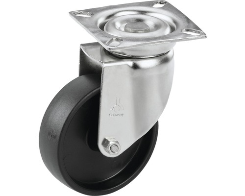 Roulette pivotante pour appareils Tarrox en acier inoxydable jusqu’à 60 kg, 100x24 mm, dimensions du plateau 60x60 mm