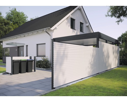 Einzelprofil Osmo Alu-Cladding Rhombus 200 x 6,8 cm weiß Einfamilienhaus mit Mülltonnenbox und Sichtschutz
