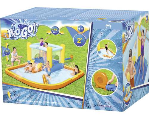 Verpackung eines aufblasbaren Bestway H2OGO Wasserparks mit Planschbecken, Hüpfburg und Wasserrutsche