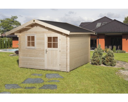 Abri de jardin weka 107 taille 4 avec plancher 280 x 380 cm naturel Abri de jardin en bois avec porte et fenêtres dans le jardin