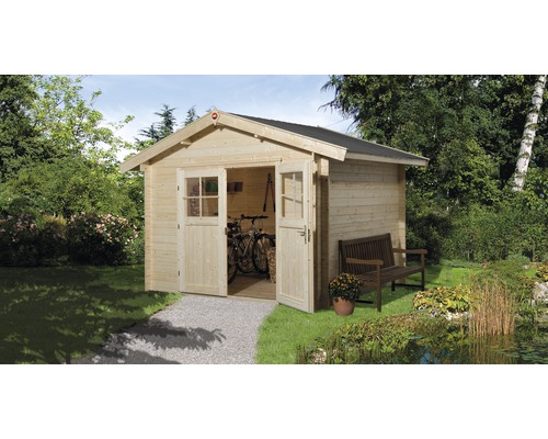 Abri de jardin weka 112 taille 4 avec plancher 380 x 230 cm naturel Scène de jardin avec abri de jardin en bois, vélos, banc et bassin de jardin