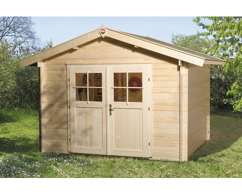 Blockbohlenhaus weka mit Fußboden 380 x 330 cm natur Holzgartenhaus mit Doppeltür und Fenstern