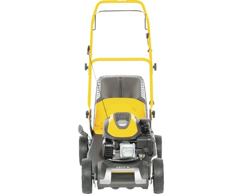 Frontansicht eines gelben Rasenmähers