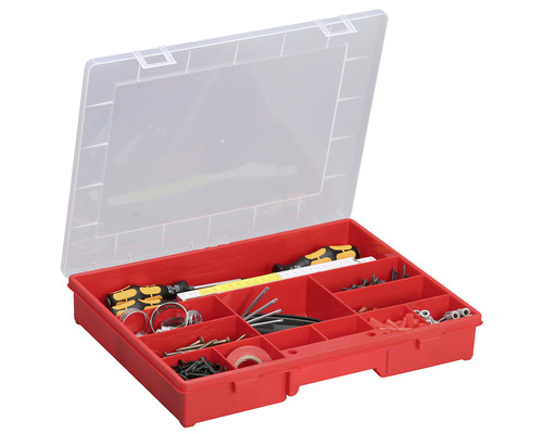 Boîte d''assortiment rouge ouverte avec divers outils et accessoires