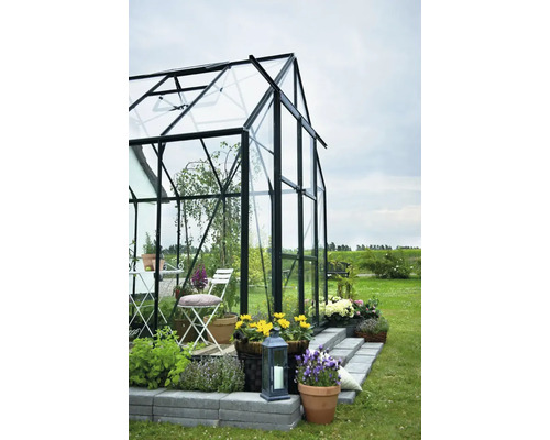 Gewächshaus mit Glaswänden und Bepflanzung im Garten.
