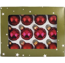 Set mit zwölf roten Weihnachtskugeln in einer Verpackung