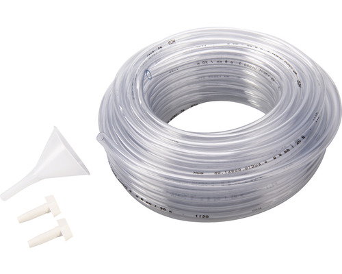 Klarer Schlauch mit Trichter und zwei Stopfen