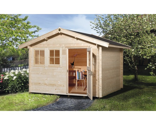 Abri de jardin weka 139 taille 1 avec plancher 380 x 280 cm naturel Abri de jardin en bois avec fenêtre et porte ouverte dans le jardin
