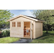 Gartenhaus aus Holz mit geöffneter Tür und Fenster