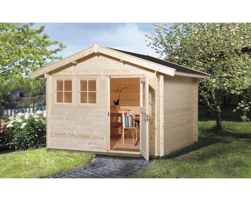 Gartenhaus weka 139 Gr.3 inkl. Fußboden 380 x 410 cm natur Gartenhaus aus Holz mit geöffneter Tür und Fenster
