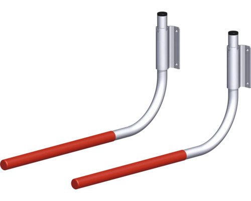 Alfer Universal-Fahrradhalter gummiert T 550 x H 270 mm, Aluminium blank, 2 Stück Zwei silberfarbene Geländerhalter zur Wandmontage mit einem roten Handlauf