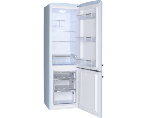 Geöffneter Kühlschrank mit Gefrierfach und Regalen