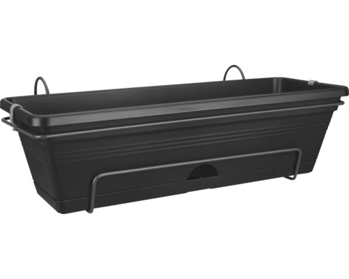 Dunkler Blumenkasten mit Halterung für den Balkon