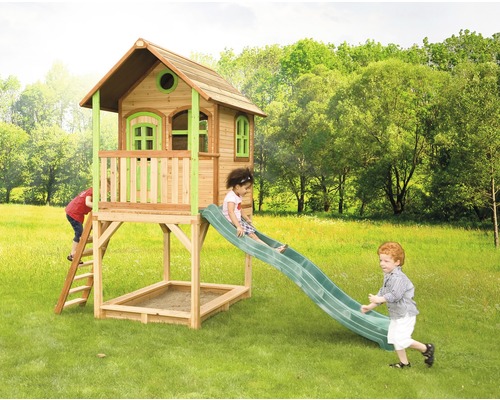 Cabane sur pilotis axi Sarah bois avec bac à sable, toboggan, naturel