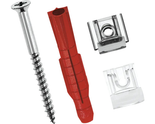 Schraube, Dübel und zwei Halteklammern