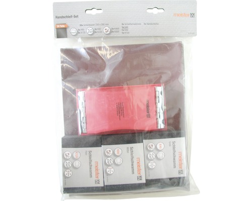 Set de ponçage manuel Meister avec papier abrasif, éponges abrasives et ponceuse manuelle