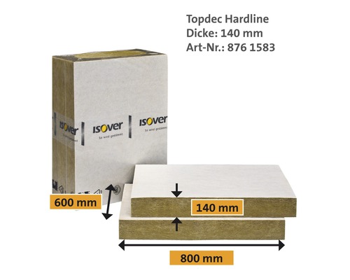 Panneau isolant Isover Topdec Hardline d''une épaisseur de 140 mm, d''une longueur de 800 mm et d''une largeur de 600 mm.