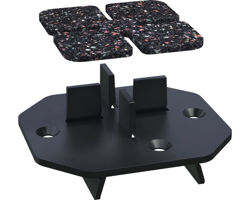 Sous-construction de dalle de terrasse avec des pads en granulés de caoutchouc pour l''amortissement et la stabilisation.