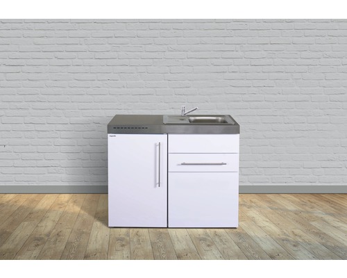 Kitchenette équipée Stengel-Küchen Premiumline 110 cm façade blanche brillante , corps blanc variante à droite monté