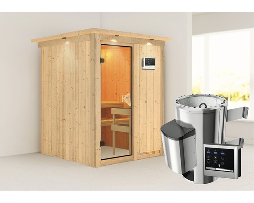 Sauna Plug & Play Karibu Achat I avec poêle 3,6 kW et commande ext. et couronne avec porte entièrement vitrée coloris bronze