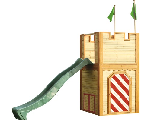 Spielturm aus Holz mit Rutsche und Fahnen für den Garten