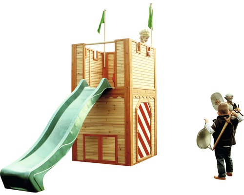 Spielturm aus Holz mit Rutsche und Dekoration