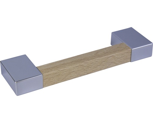 Poignée de meuble en métal + film chrome/bois clair, distance entre les trous 96 mm, Lxh 136/36 mm