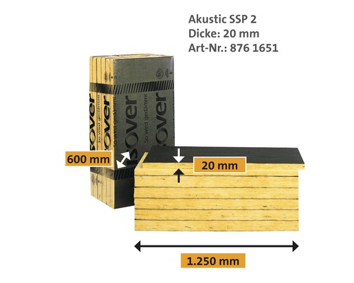 Isover Akustic SSP 2 Dämmstoffplatte mit einer Dicke von 20 mm und den Maßen 600 mm mal 1250 mm