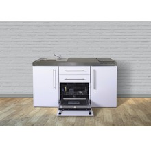 Cuisine compacte avec évier, plaque de cuisson, tiroirs, placards et lave-vaisselle.