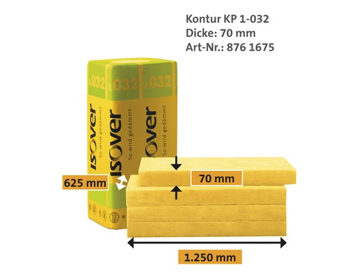 Panneau isolant Isover Kontur KP 1-032, épaisseur 70 mm, largeur 625 mm et longueur 1250 mm