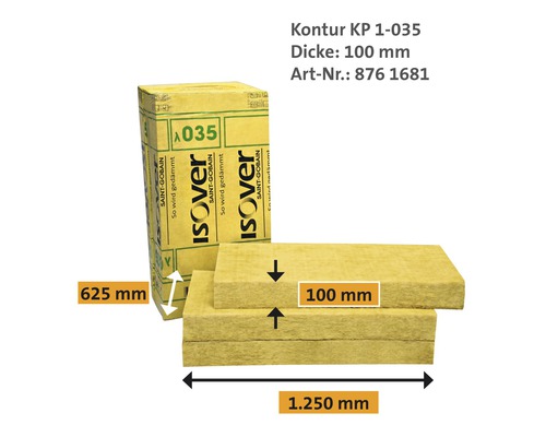 Isover Kontur KP 1-035 Dämmstoff mit einer Dicke von 100 mm, einer Länge von 1250 mm und einer Breite von 625 mm