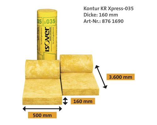 Matelas isolant Isover Kontur KR Xpress-035 avec dimensions de 500 mm de largeur, 160 mm d''épaisseur et 3600 mm de longueur