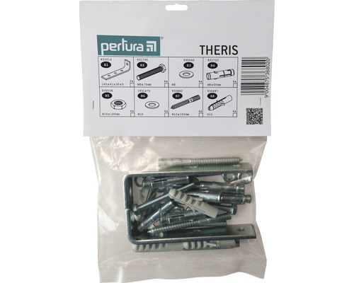 Assortiment Perlura Theris dans un emballage transparent avec équerres, vis, écrous et chevilles
