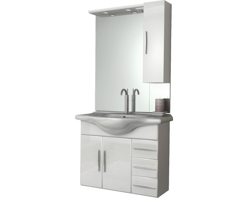 Badmöbel-Set Baden Haus Aida BxHxT 85 x 173 x 50 cm Frontfarbe weiß hochglanz mit Waschtisch Keramik weiß und Waschtischunterschrank Waschtisch Spiegel mit LED-Beleuchtung Wandschrank Waschtischkombination mit Spiegelschrank und Unterschrank für das Badezimmer
