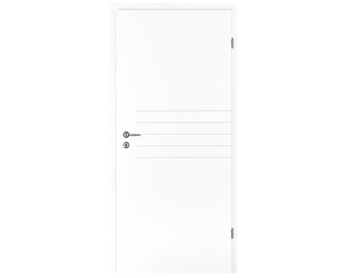 Porte intérieure blanche avec lignes décoratives horizontales, poignée et serrure.