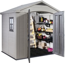 Abri de jardin en plastique avec portes ouvertes et intérieur