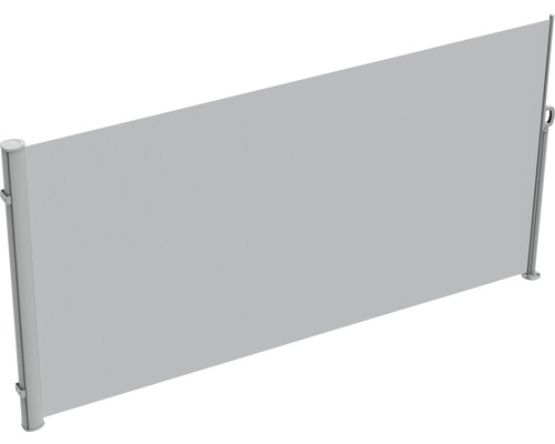 Brise vue rétractable 1,6x3 tissu uni gris clair châssis RAL 9006 aluminium blanc avec poteau amovible