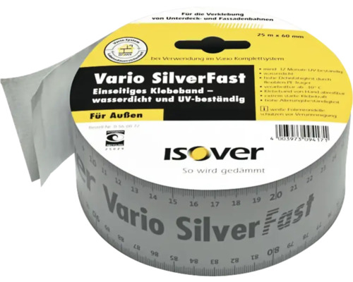 Isover Vario SilverFast Klebeband für die Verklebung von Unterdeck- und Fassadenbahnen, einseitig klebend, wasserdicht und UV-beständig