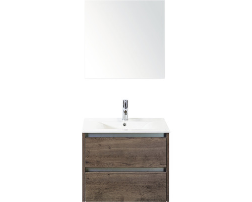 Badmöbel-Set Sanox Dante BxHxT 61 x 170 x 46 cm Frontfarbe tabacco mit Waschtisch Keramik weiß und Keramik-Waschtisch Spiegel Waschtischunterschrank