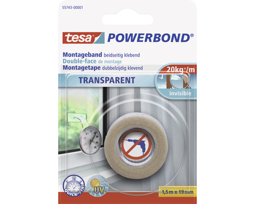 Bande de montage tesa Powerbond transparente 1,5m x 19mm Tesa Powerbond Ruban de montage transparent, 1,5 mètre sur 19 millimètres
