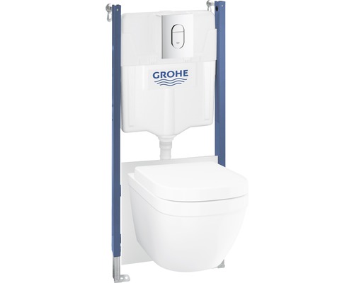 Ensemble WC suspendu GROHE Solido Compact avec EuroCeramic 5 in 1 avec abattant WC, bâti-support et plaque de commande chrome 39535000