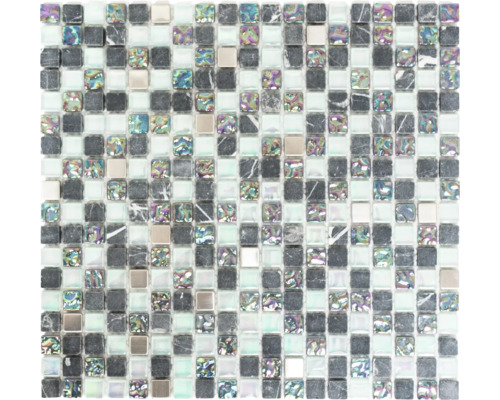 Glasmosaik mit Naturstein XCM M840 30,5x32,2 cm grau Quadratisches Mosaikfliesenmuster mit Stein-, Glas- und Metalleffekt