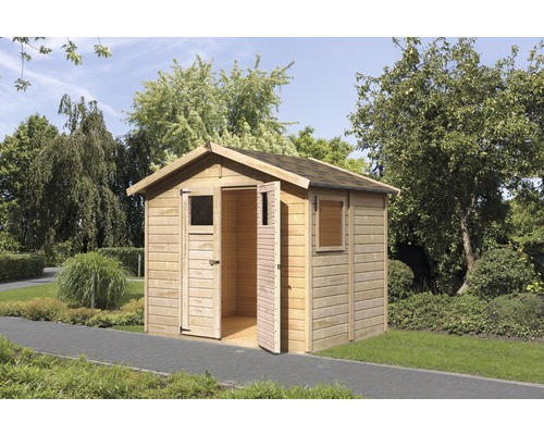 Holzgartenhaus mit geöffneter Tür und Fenster in einem grünen Garten