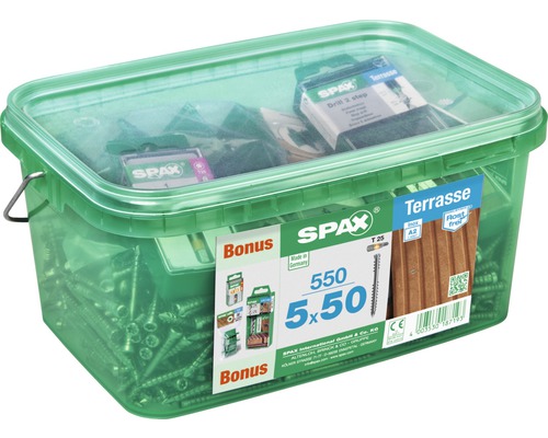 Vis de terrasse Spax 5 x 50 millimètres, 550 pièces dans un seau