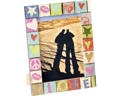 Cadre photo avec cœur, bouche, étoile, signe de paix et le mot amour