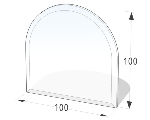 Plaque de protection en verre contre les étincelles semi-circulaire 100x100 cm Schéma technique d''un élément de cabine de douche quart de cercle, dimensions 100 x 100 cm.