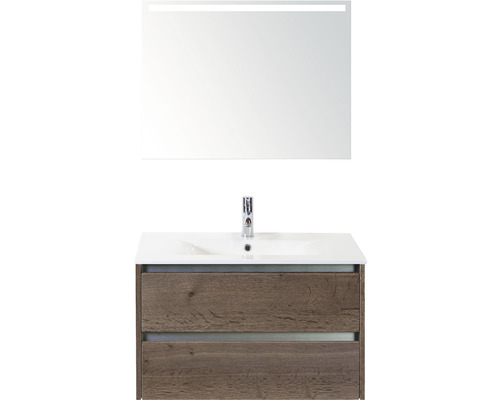 Badmöbel-Set Sanox Dante BxHxT 81 x 170 x 46 cm Frontfarbe tabacco mit Waschtisch Keramik weiß und Keramik-Waschtisch Spiegel mit LED-Beleuchtung Waschtischunterschrank