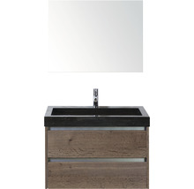 Badmöbel-Set Sanox Dante BxHxT 81 x 170 x 45,5 cm Frontfarbe tabacco mit Waschtisch Naturstein schwarz und Naturstein-Waschtisch Spiegel Waschtischunterschrank