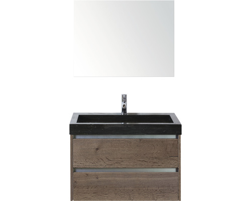 Badmöbel-Set Sanox Dante BxHxT 81 x 170 x 45,5 cm Frontfarbe tabacco mit Waschtisch Naturstein schwarz und Naturstein-Waschtisch Spiegel Waschtischunterschrank