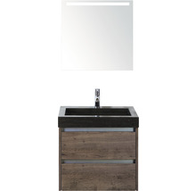 Badmöbel-Set Sanox Dante BxHxT 61 x 170 x 45,5 cm Frontfarbe tabacco mit Waschtisch Naturstein schwarz und Naturstein-Waschtisch Spiegel mit LED-Beleuchtung Waschtischunterschrank